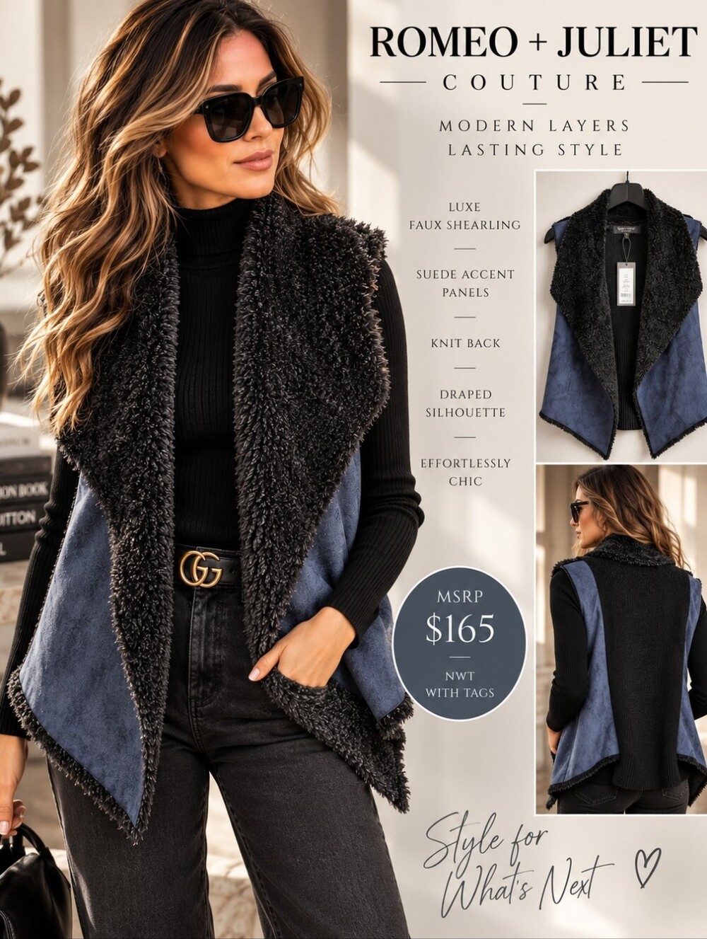 Romeo + Juliet Couture Faux Shearling Suede Draped Vest Small NWT $165